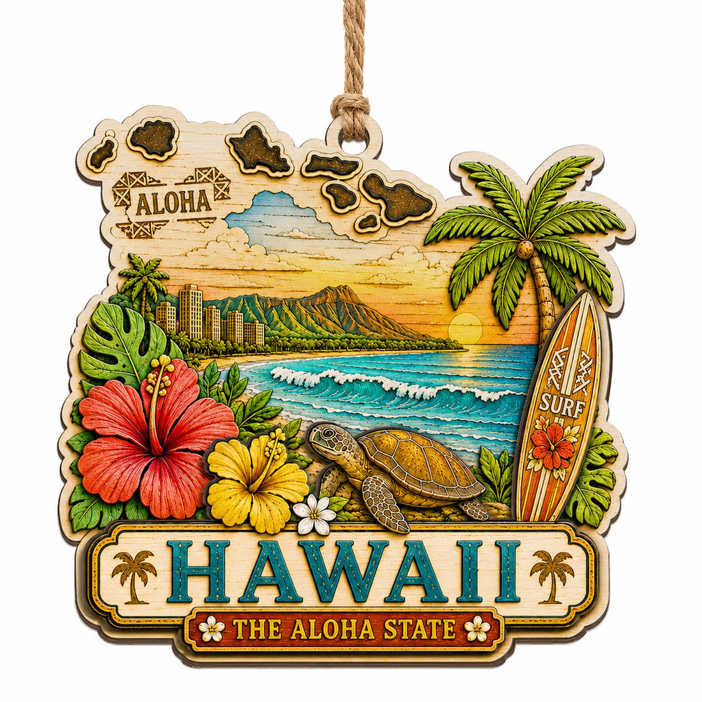 Hula Dancer, Hibiscus and a Volcanic Island Sunset Over Ocean Waves. Wood Keepsake for Island Lovers.