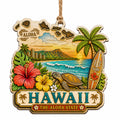 Hula Dancer, Hibiscus and a Volcanic Island Sunset Over Ocean Waves. Wood Keepsake for Island Lovers.