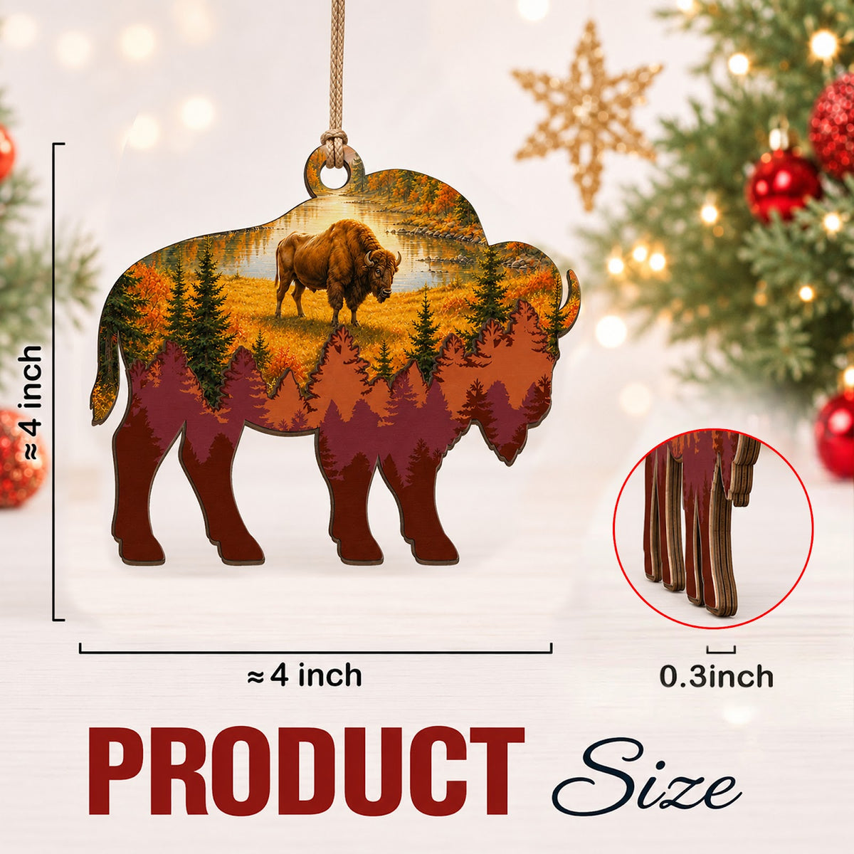 Buffalo Christmas Ornament, Stocking Stuffer For Wildlife Fan, Wood Hanging Tree Decoration