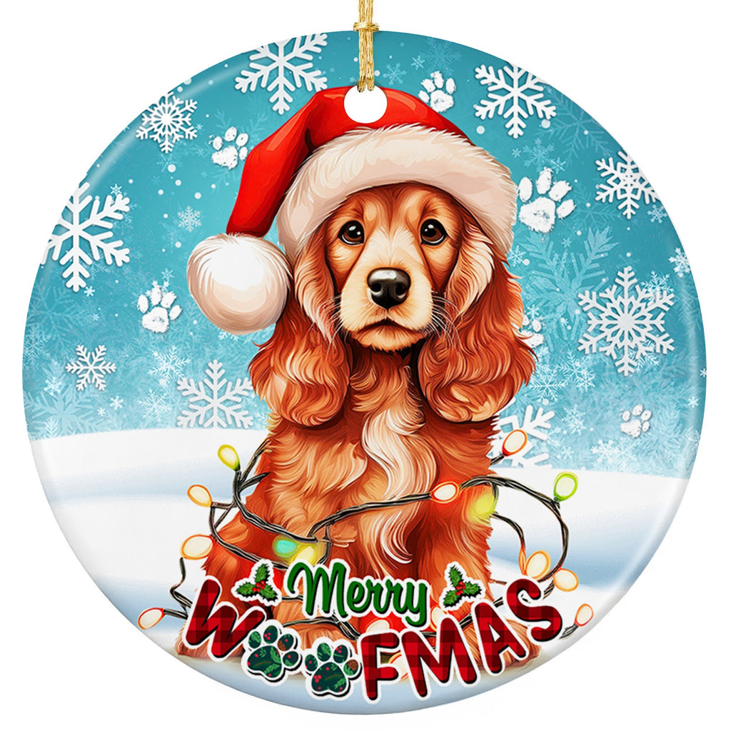 Cocker Spaniel in a Santa Hat Draped in Christmas Lights. Ceramic Keepsake for Spaniel Owners and Dog Parents.