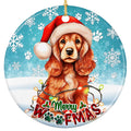Cocker Spaniel in a Santa Hat Draped in Christmas Lights. Ceramic Keepsake for Spaniel Owners and Dog Parents.