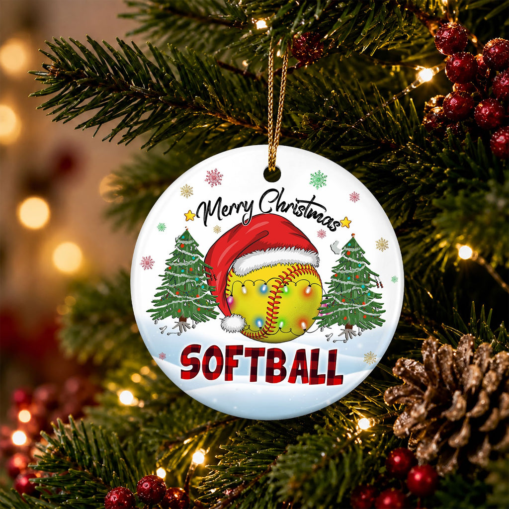 Softball Christmas Ornament, Ball In A Santa Hat Team Gift Idea, Ceramic Tree Decoration