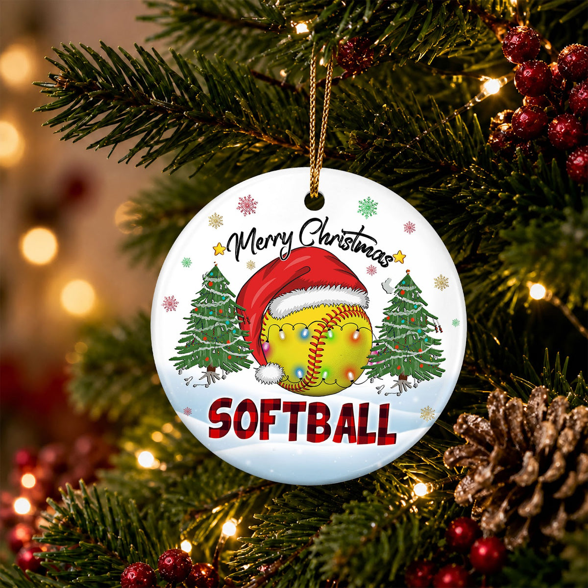 Softball Christmas Ornament, Ball In A Santa Hat Team Gift Idea, Ceramic Tree Decoration
