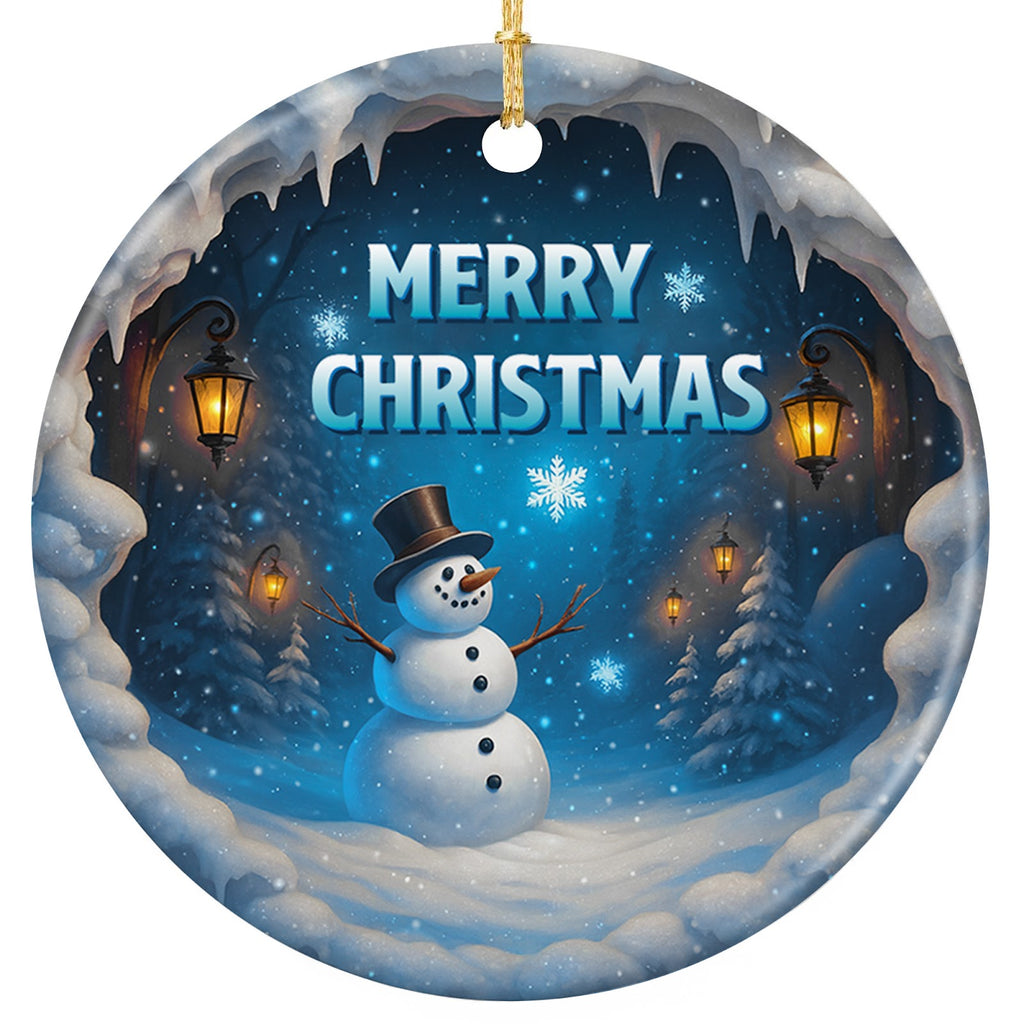 Snowman in a Black Top Hat With a Carrot Nose in a Glowing Icy Grotto. Ceramic Keepsake in Raised Relief.