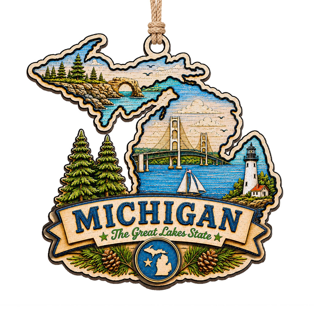The Mackinac Bridge Between Peninsulas With Shoreline, Lighthouse and Blossom. Wood Keepsake for the Midwest.