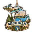 The Mackinac Bridge Between Peninsulas With Shoreline, Lighthouse and Blossom. Wood Keepsake for the Midwest.