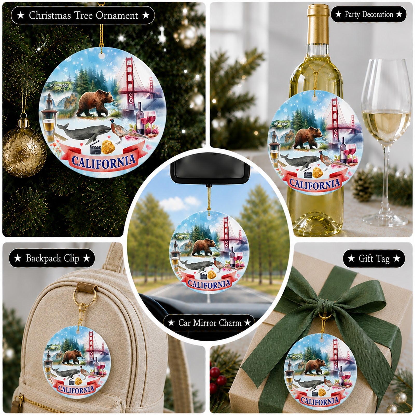 California Christmas Ornament, State Souvenir Keepsake, Ceramic Hanging Tree Decoration