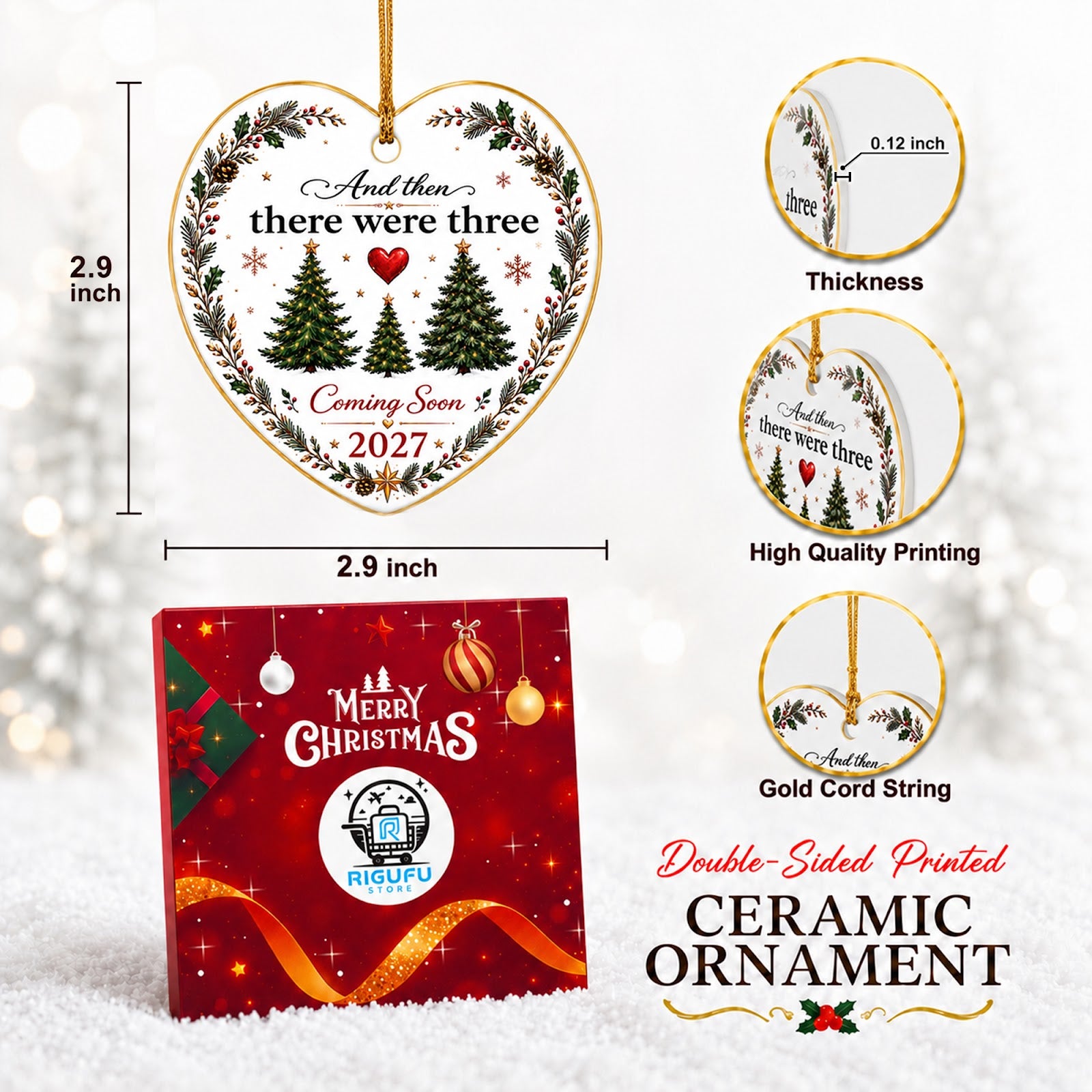And Then There Were Three Christmas Ornament, Pregnancy Announcement Gift, Ceramic Ornament