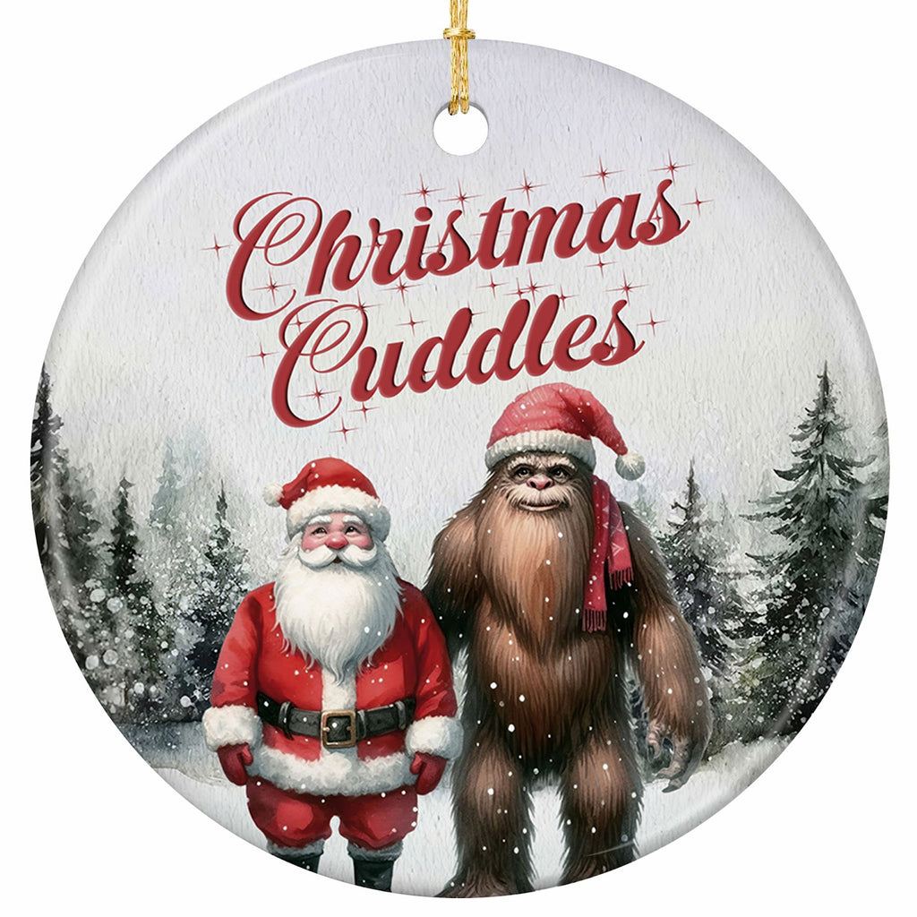 Santa Hand in Hand With a Sasquatch in a Knit Hat and Scarf in a Snowy Forest. Ceramic Keepsake.