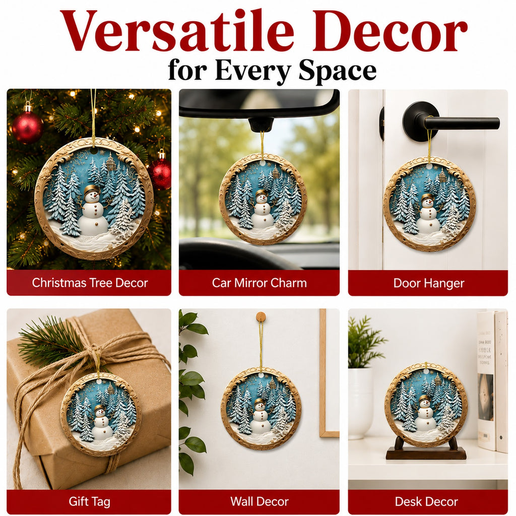 Snowman Christmas Ornament, Carved 3D Winter Scene Gift, Ceramic Hanging Tree Decoration