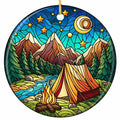 Glass Tent and Campfire Beside a Stream Under a Crescent Moon and Gold Stars. Ceramic Keepsake for Campers.