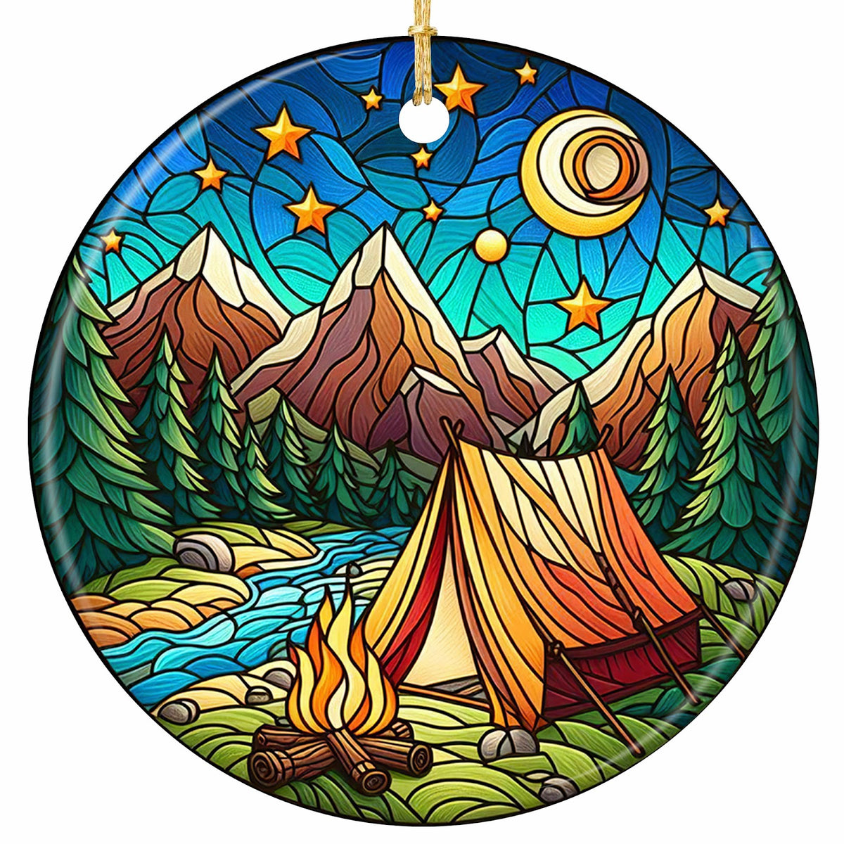 Glass Tent and Campfire Beside a Stream Under a Crescent Moon and Gold Stars. Ceramic Keepsake for Campers.