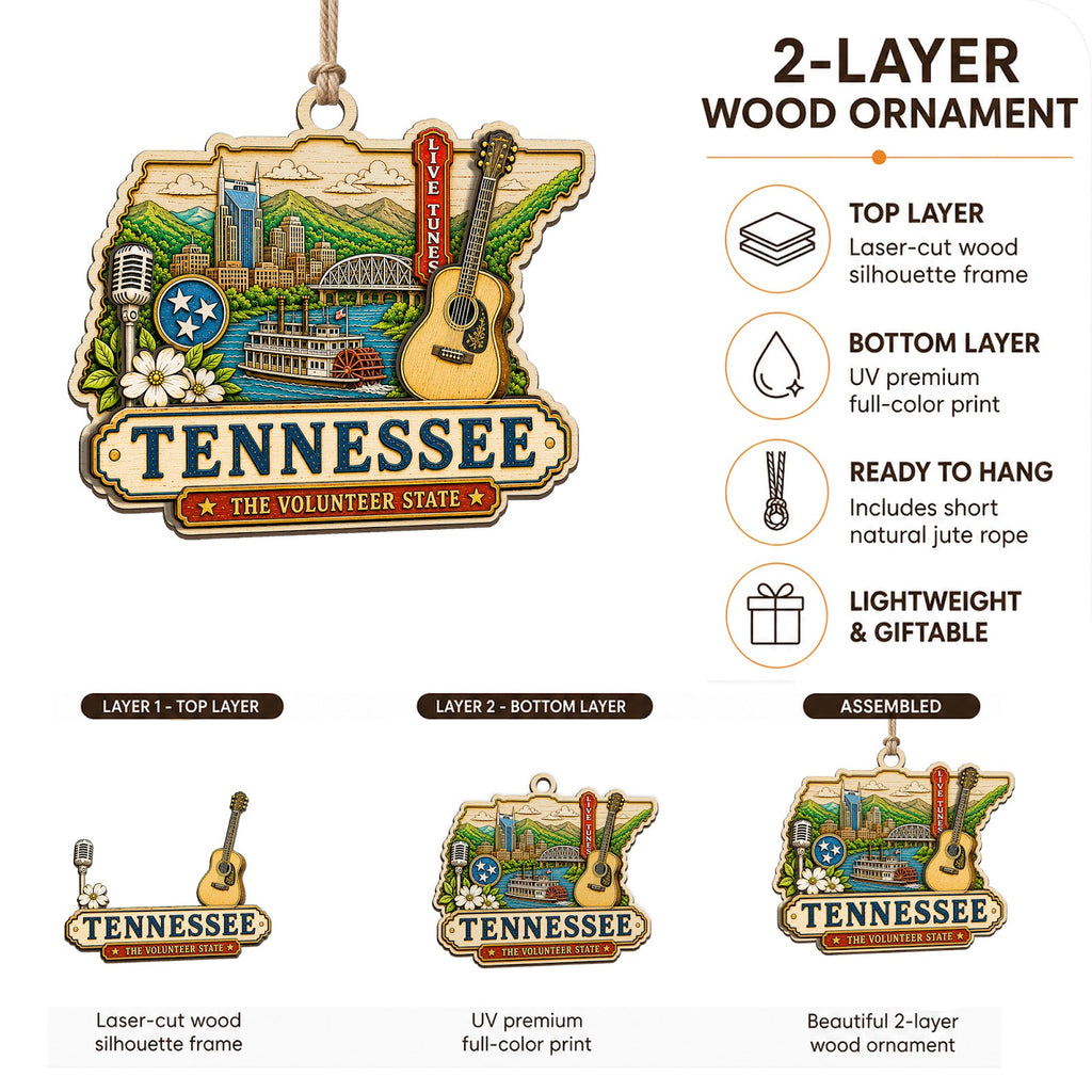 Tennessee Christmas Ornament, Smoky Mountains and Country Music Gift, Wood Tree Decoration