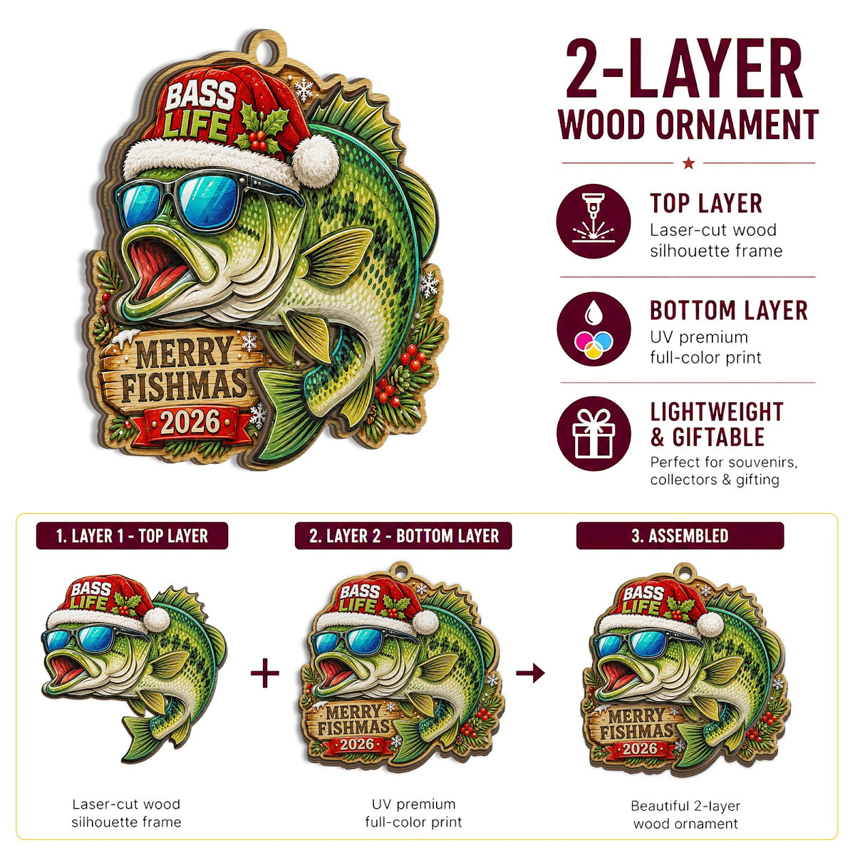 Fishing Bass Life Angler Catch Christmas Ornament, Bass Lifestyle Keepsake, Wood Ornament
