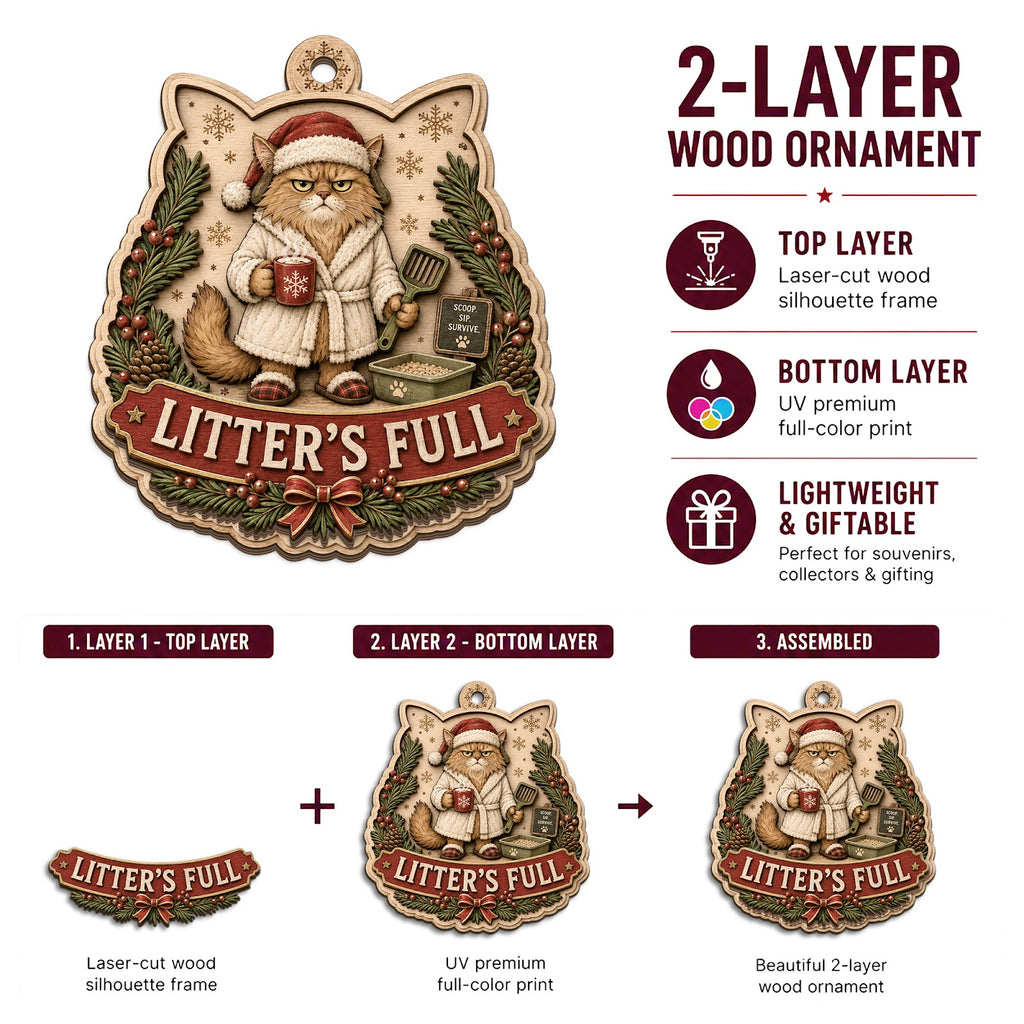 Cat Litter Christmas Ornament, Stocking Stuffer For Cat Mom, Wood Hanging Tree Decoration