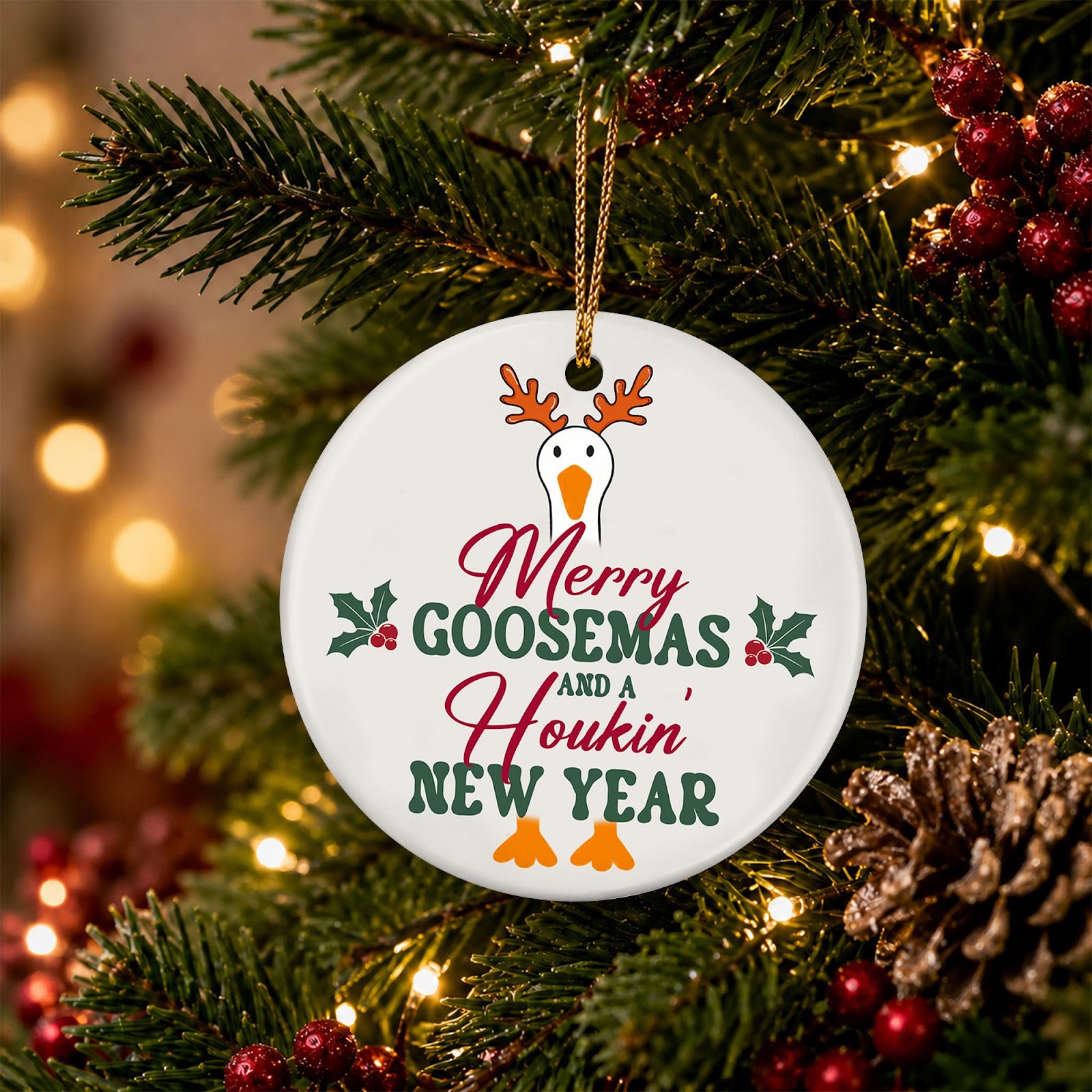 Goose Christmas Ornament, Merry Goosemas Funny Farm Gift, Ceramic Hanging Tree Decoration