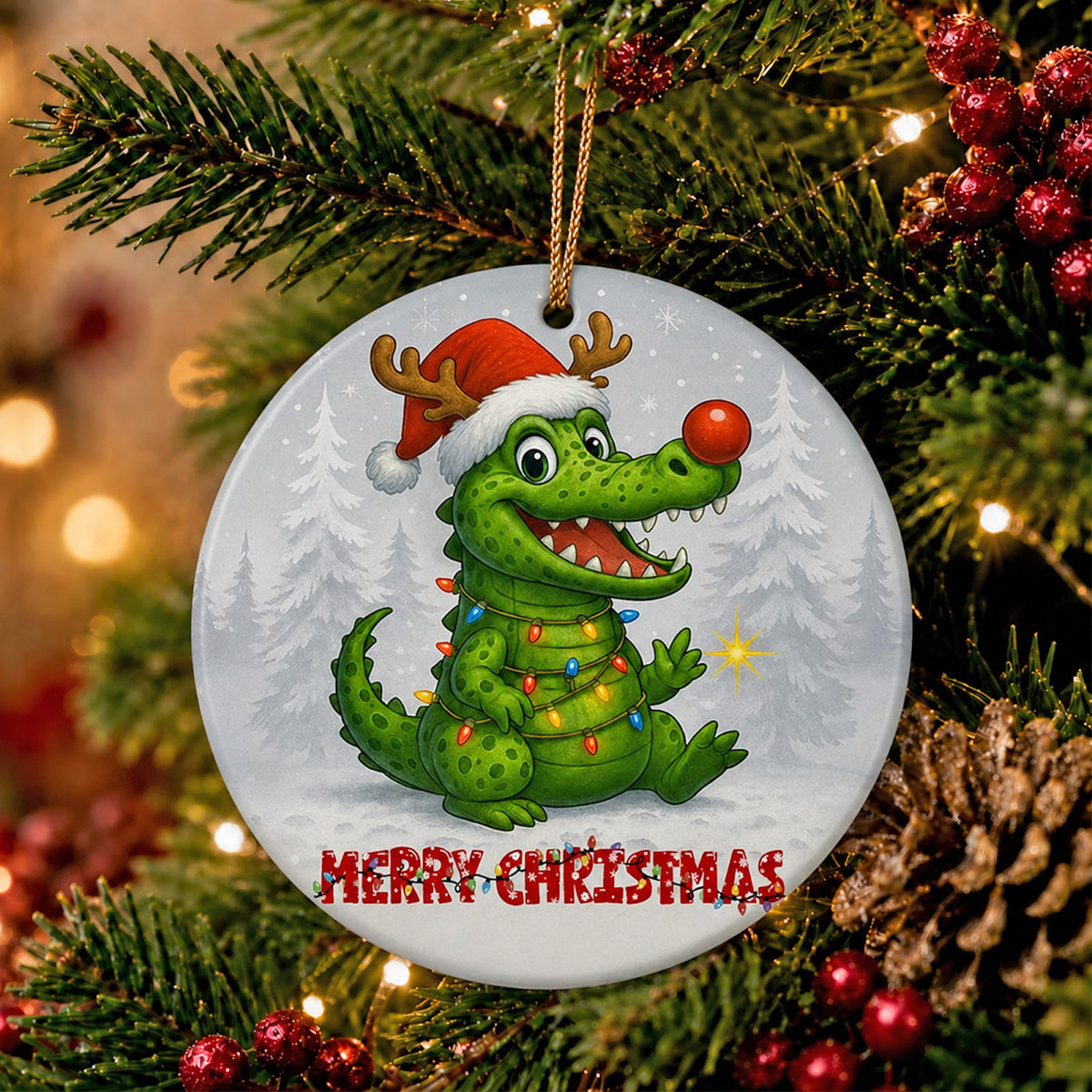 Alligator Christmas Ornament, Funny Festive Reptile Gift, Ceramic Hanging Tree Decoration