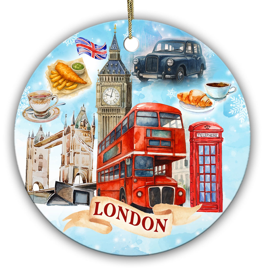 Red Double-Decker Bus, Phone Box, Clock Tower and Fish and Chips. Ceramic Keepsake for London Travel.