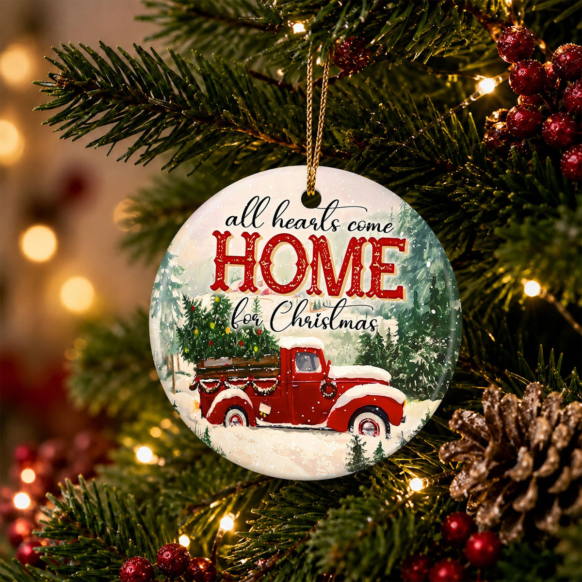 Red Truck Christmas Ornament, Vintage Farmhouse Home Gift, Ceramic Hanging Tree Decoration
