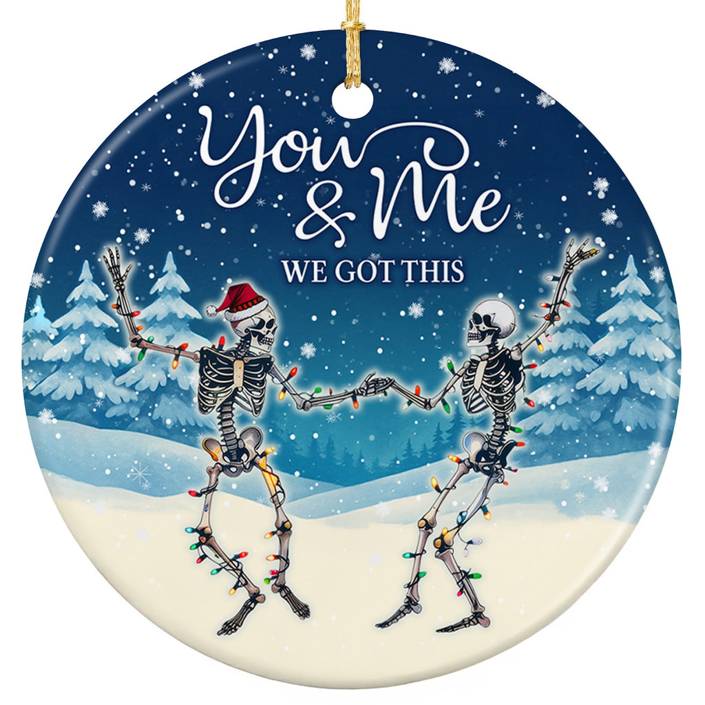 Two Skeletons Dancing Wrapped in Colored Lights Before a Snowy Pine Forest. Ceramic Keepsake for Goth Decor.