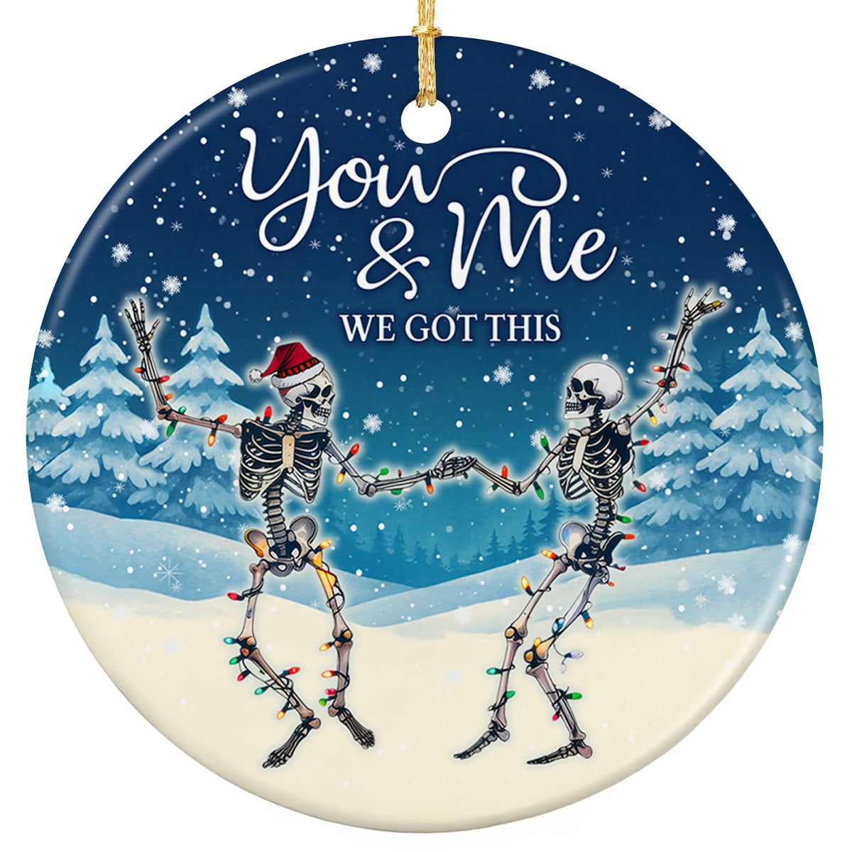Two Skeletons Dancing Wrapped in Colored Lights Before a Snowy Pine Forest. Ceramic Keepsake for Goth Decor.