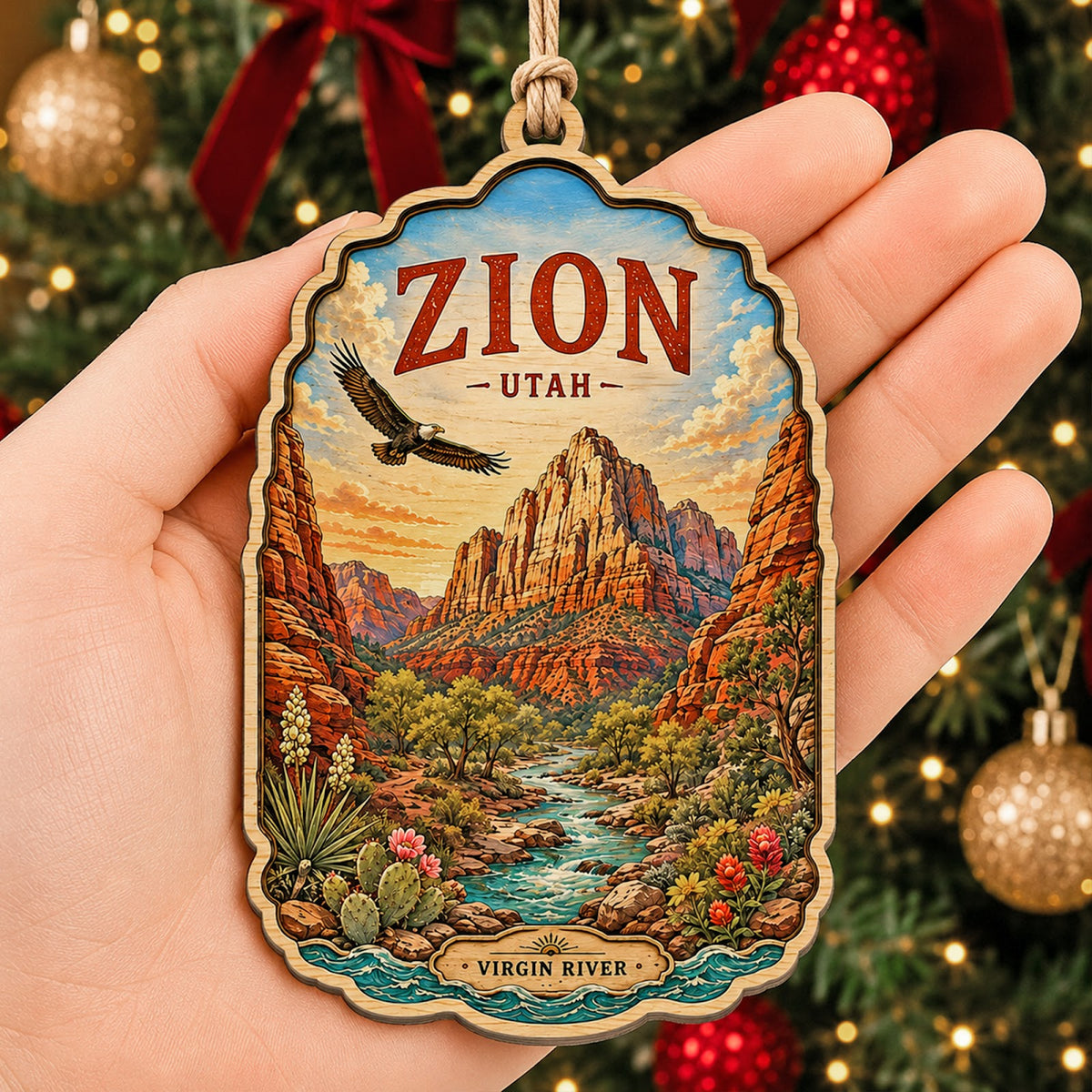 Zion National Park Christmas Ornament, Utah Canyon and Trail Hiker Gift, Wood Tree Decoration