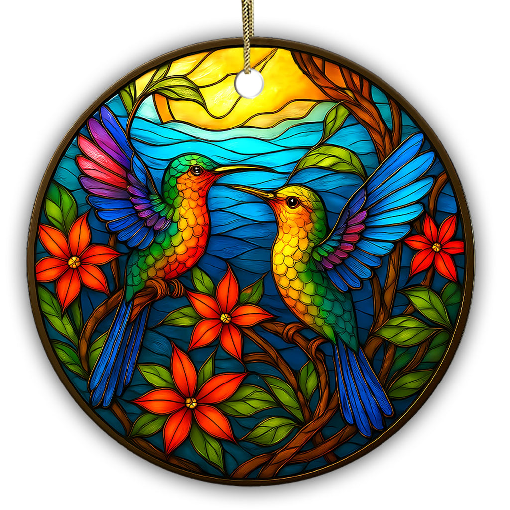 Two Hummingbirds Facing Each Other Among Scarlet Blooms Before a Golden Sun. Ceramic Keepsake for Birders.