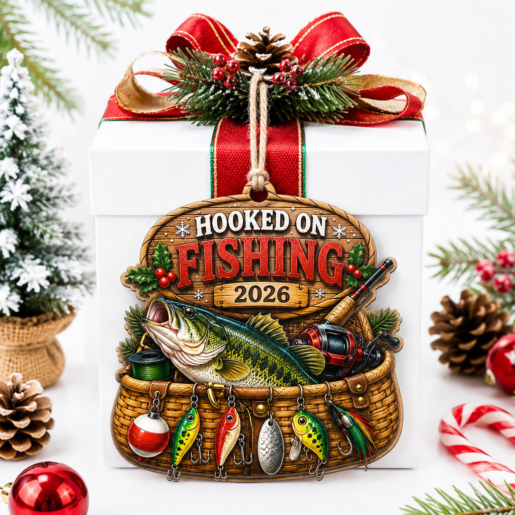 Fishing Basket Angler Tackle Christmas Ornament, Creel Basket Keepsake, Wood Tree Decoration