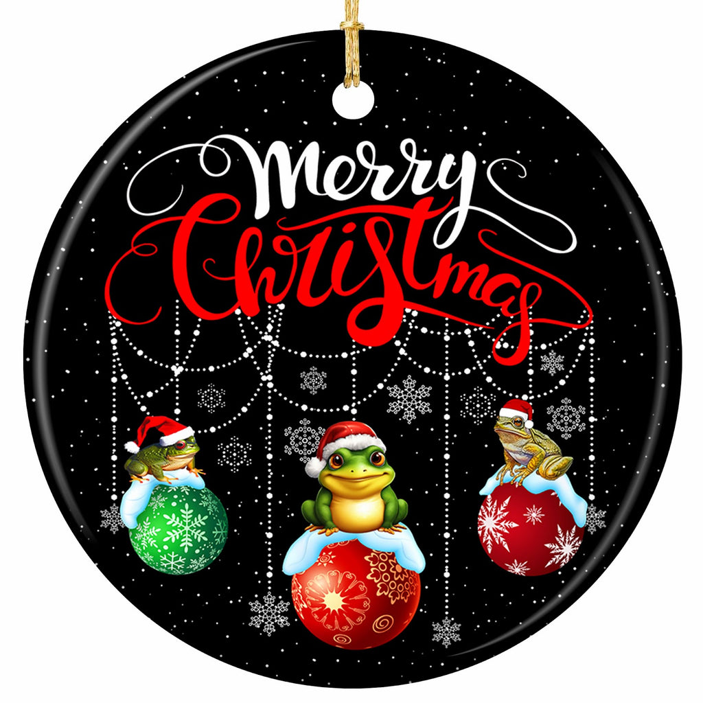 Three Frogs in Tiny Santa Hats Perched on Hanging Baubles Under Beaded Garlands. Ceramic Keepsake.