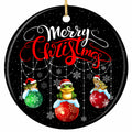 Three Frogs in Tiny Santa Hats Perched on Hanging Baubles Under Beaded Garlands. Ceramic Keepsake.