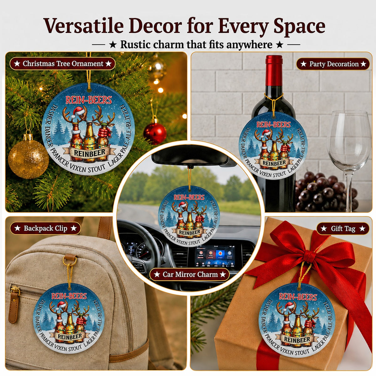 Beer Christmas Ornament, Funny Antler Bottles Man Cave Gift, Ceramic Hanging Tree Decoration