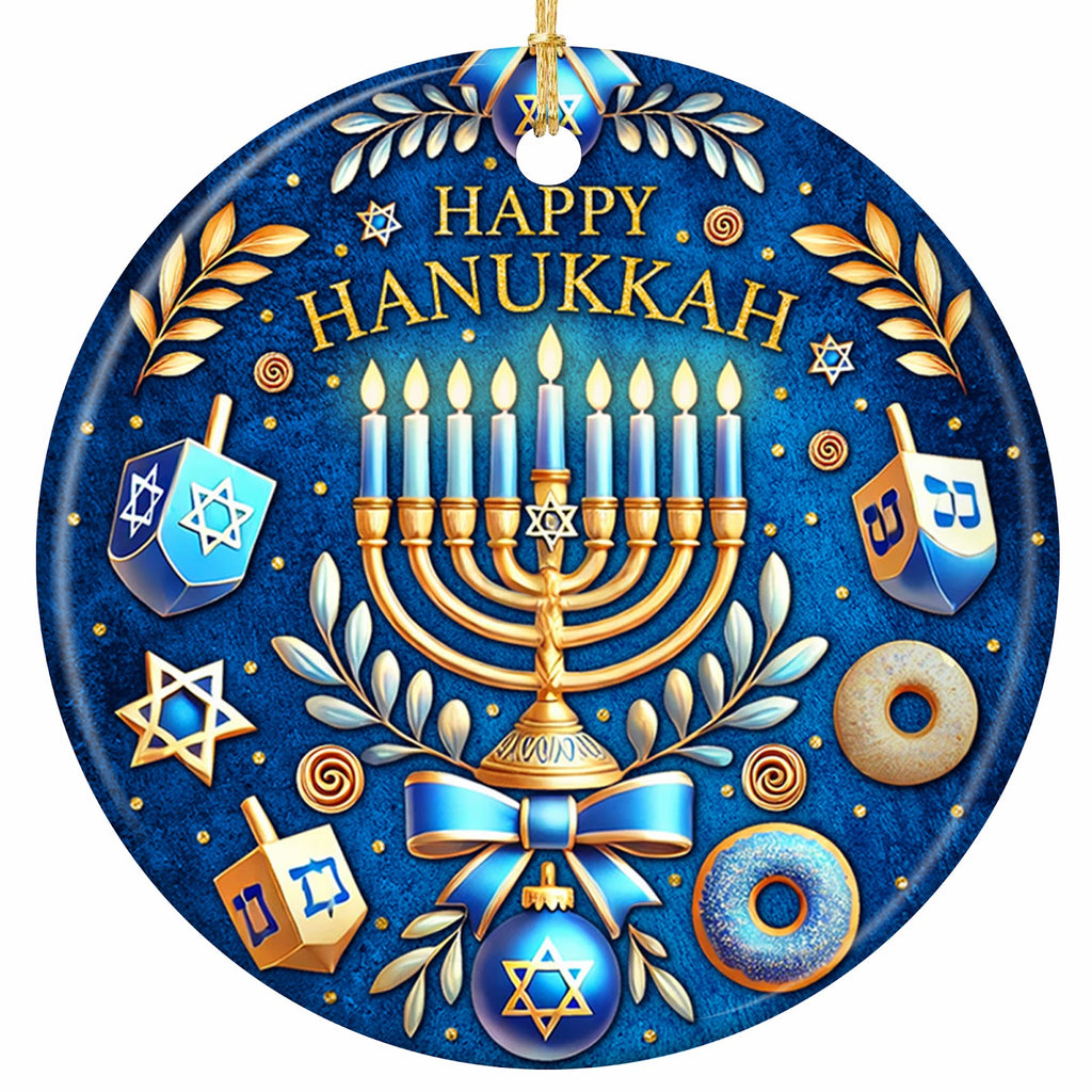 Ornate Gold Menorah With Lit Candles on Royal Blue, Ringed by Dreidels and Stars. Ceramic Hanukkah Keepsake.