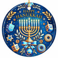 Ornate Gold Menorah With Lit Candles on Royal Blue, Ringed by Dreidels and Stars. Ceramic Hanukkah Keepsake.