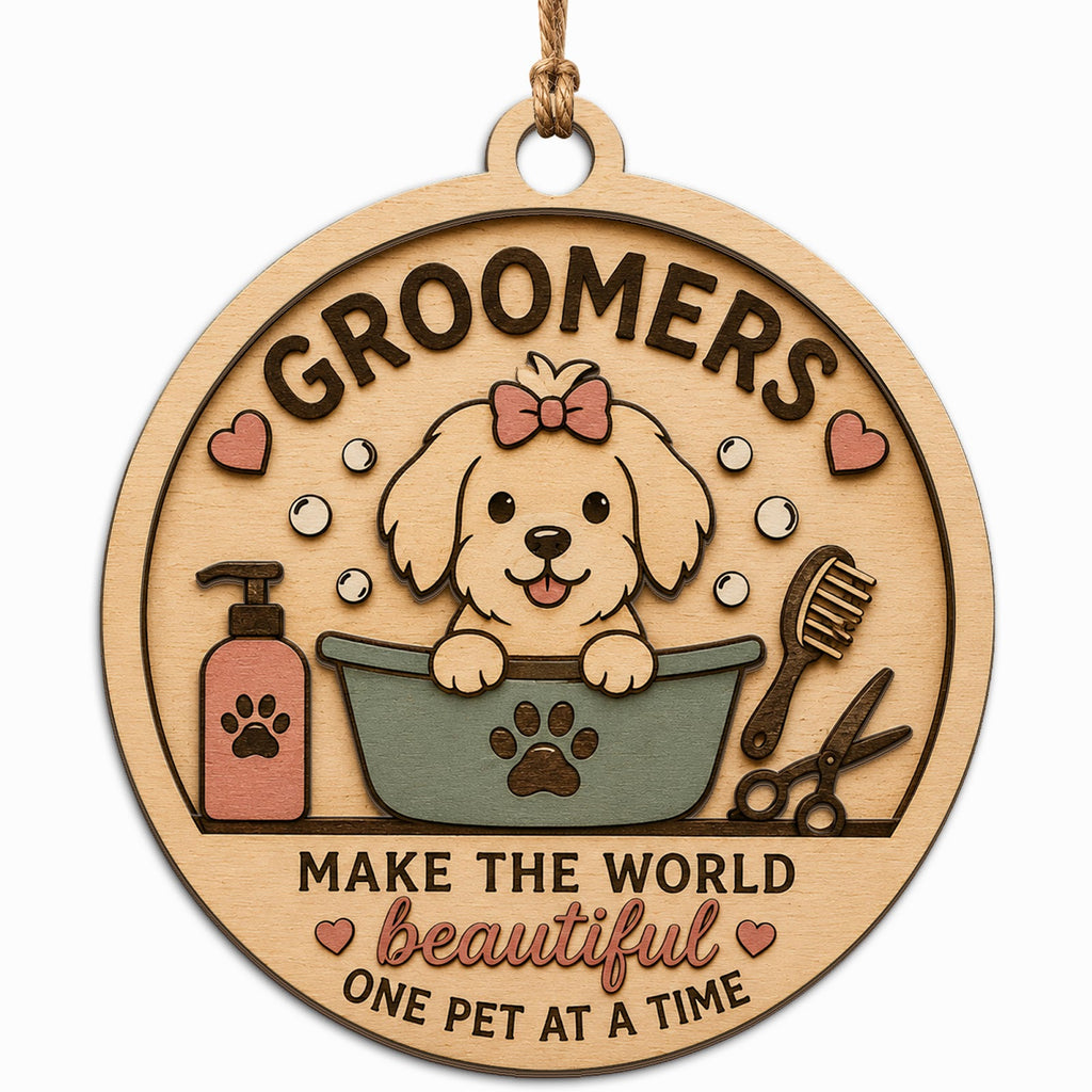 Shows a Puppy Getting a Bubble Bath with Grooming Tools and a Plaid Bow. Perfect Gift for Pet Groomers and Salon Staff.