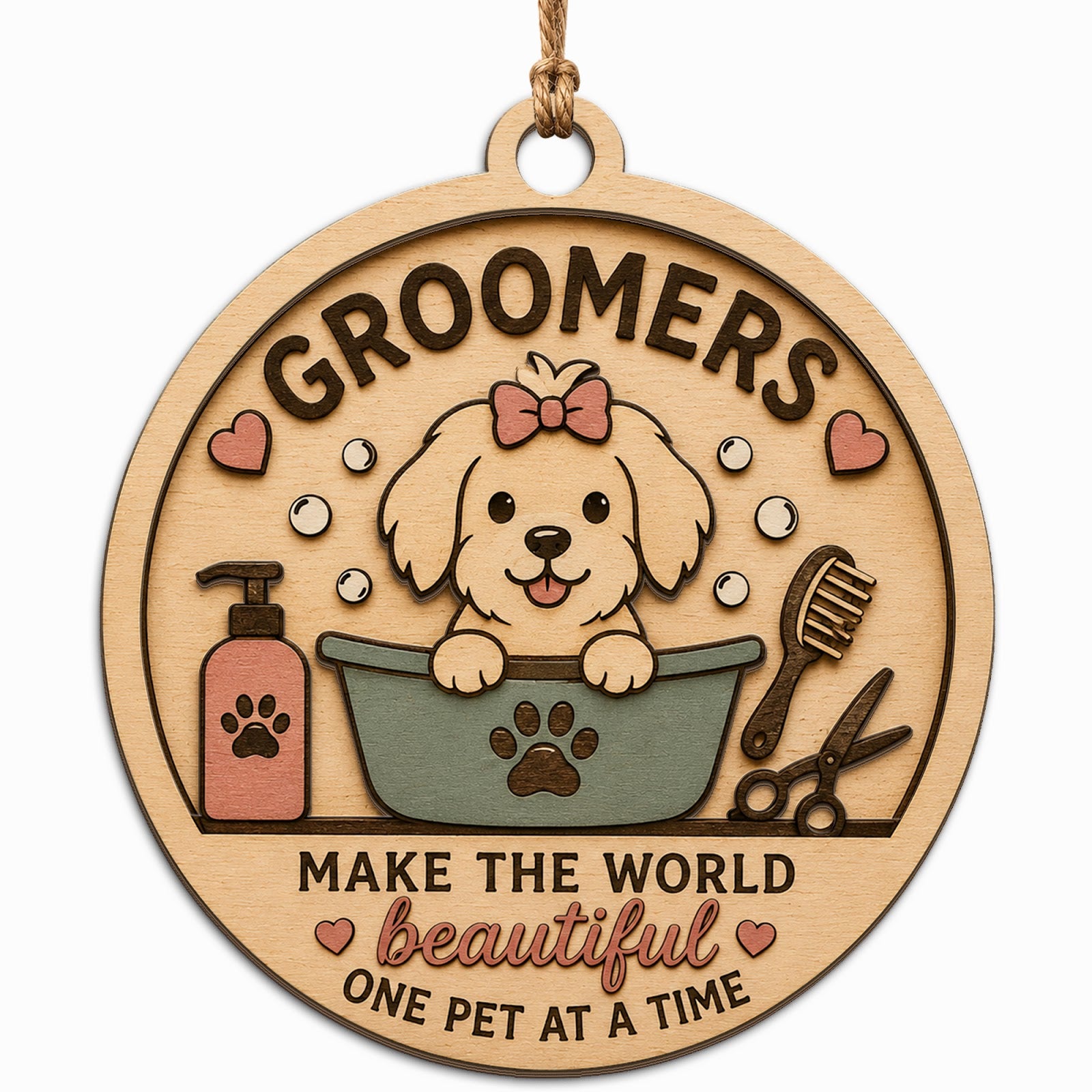 Shows a Puppy Getting a Bubble Bath with Grooming Tools and a Plaid Bow. Perfect Gift for Pet Groomers and Salon Staff.