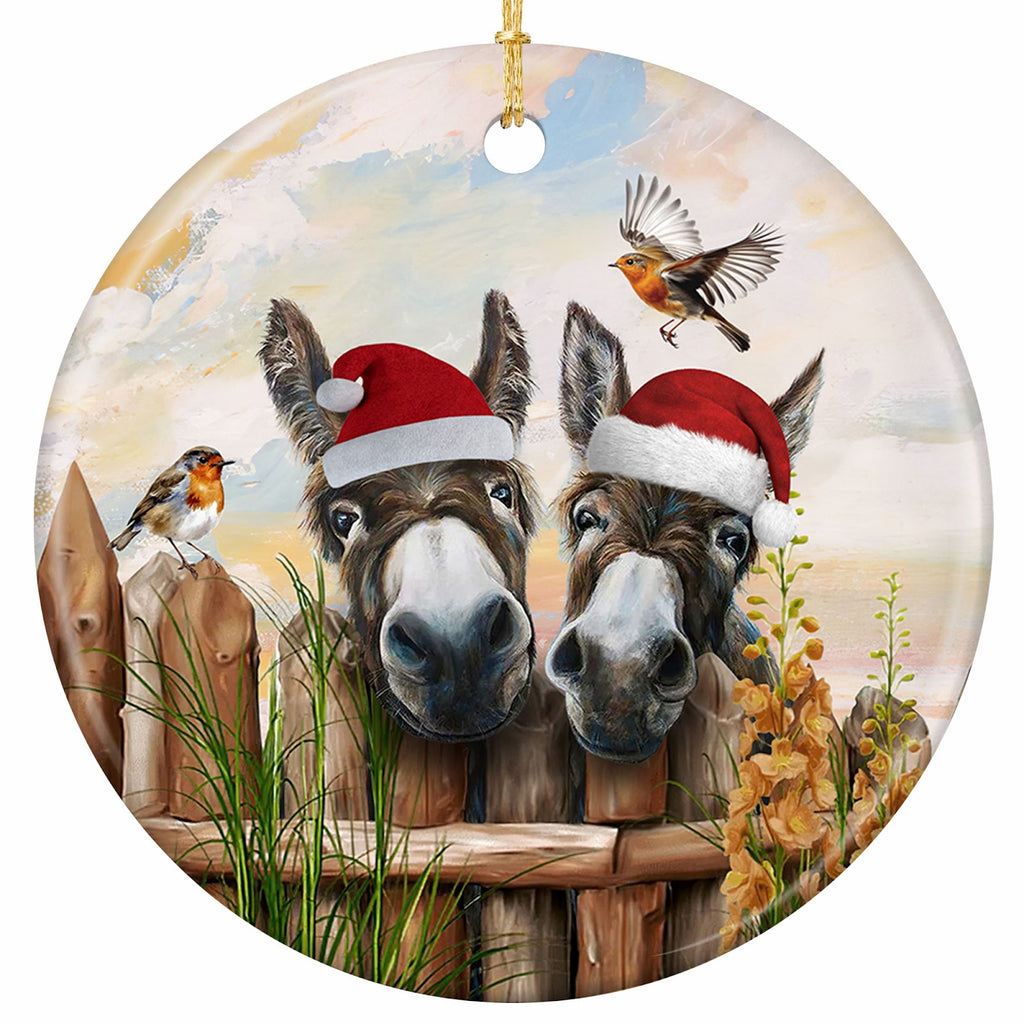 Two Donkeys in Santa Hats Leaning Over a Rail Fence With Robins and Wildflowers. Ceramic Keepsake for Farms.