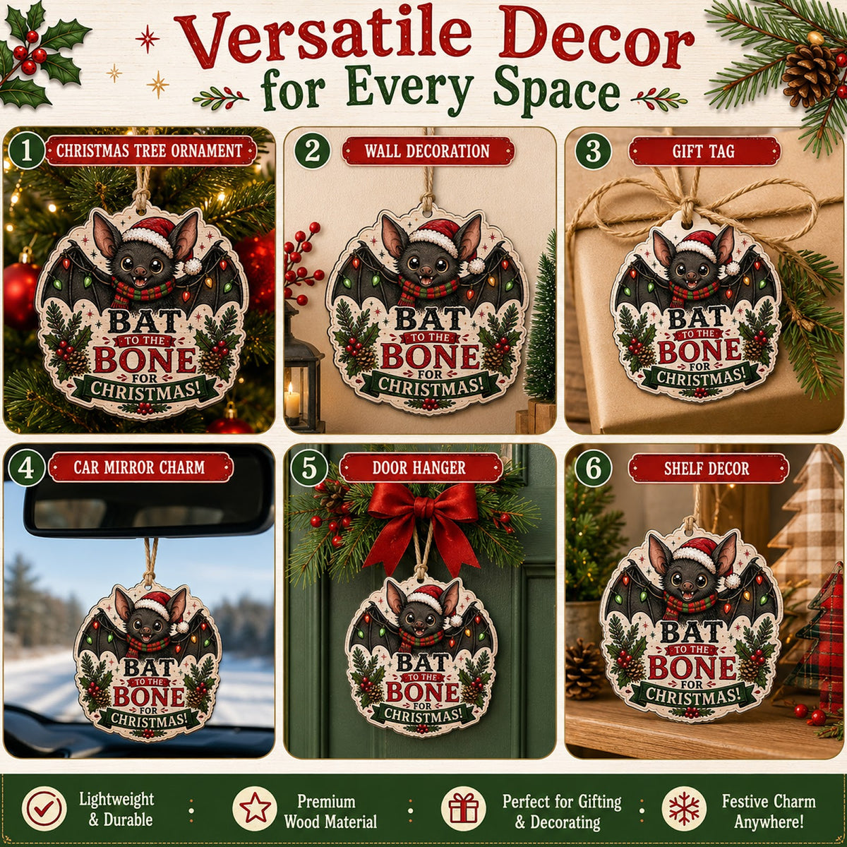 Bat Christmas Ornament, Stocking Stuffer For Unique Animal Fan, Wood Hanging Tree Decoration
