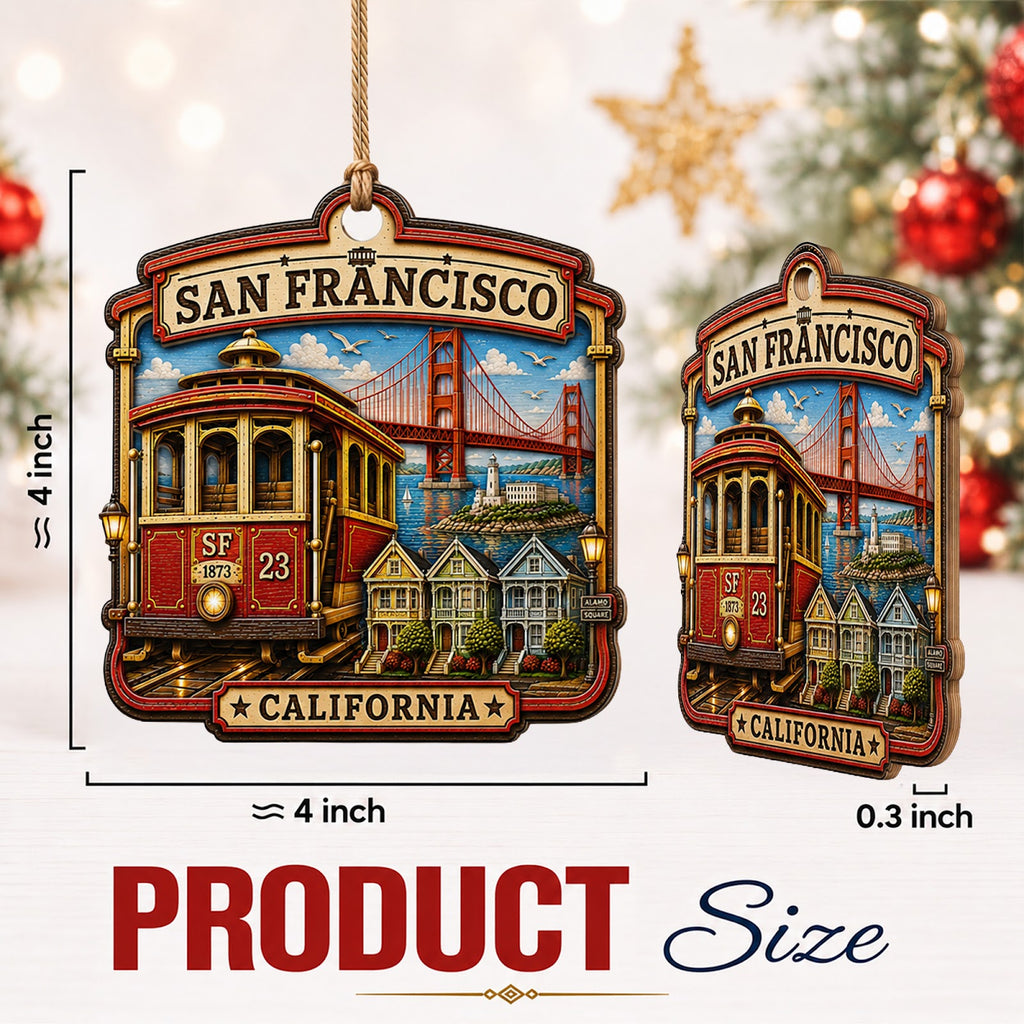 San Francisco Christmas Ornament, Golden Gate Bridge Souvenir Gift, Wood Tree Decoration