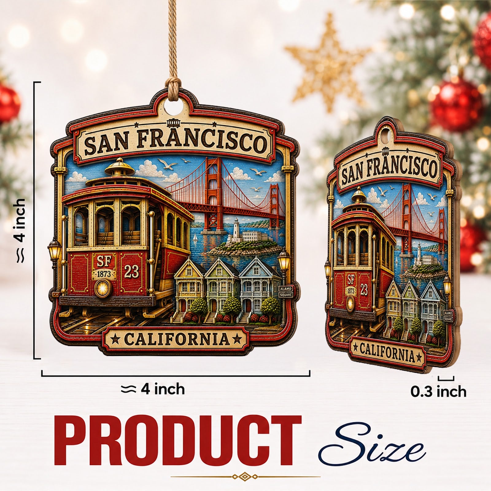 San Francisco Christmas Ornament, Golden Gate Bridge Souvenir Gift, Wood Tree Decoration