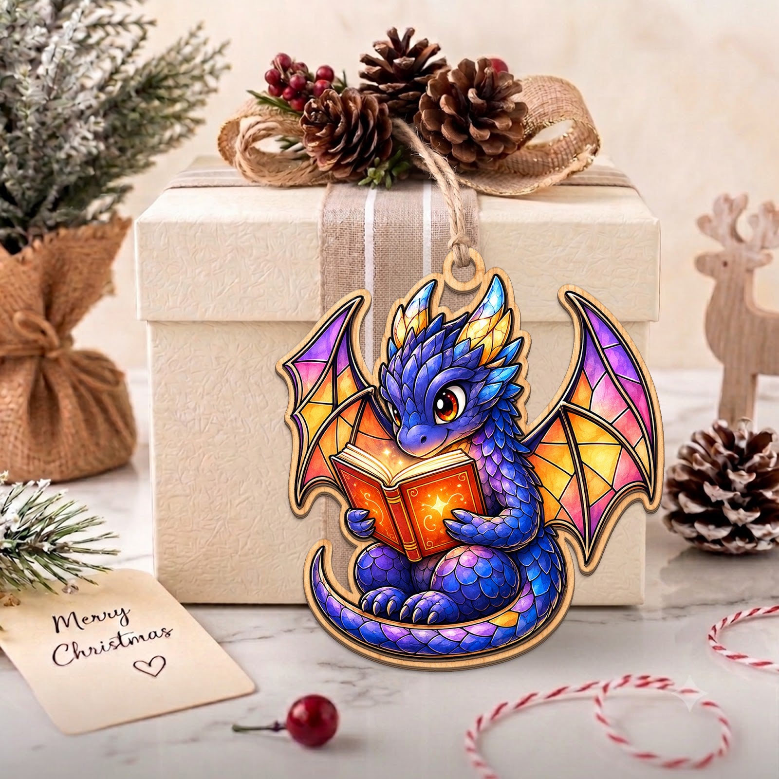 Dragon Book Christmas Ornament, Stocking Stuffer For Fantasy Reader, Wood Tree Decoration