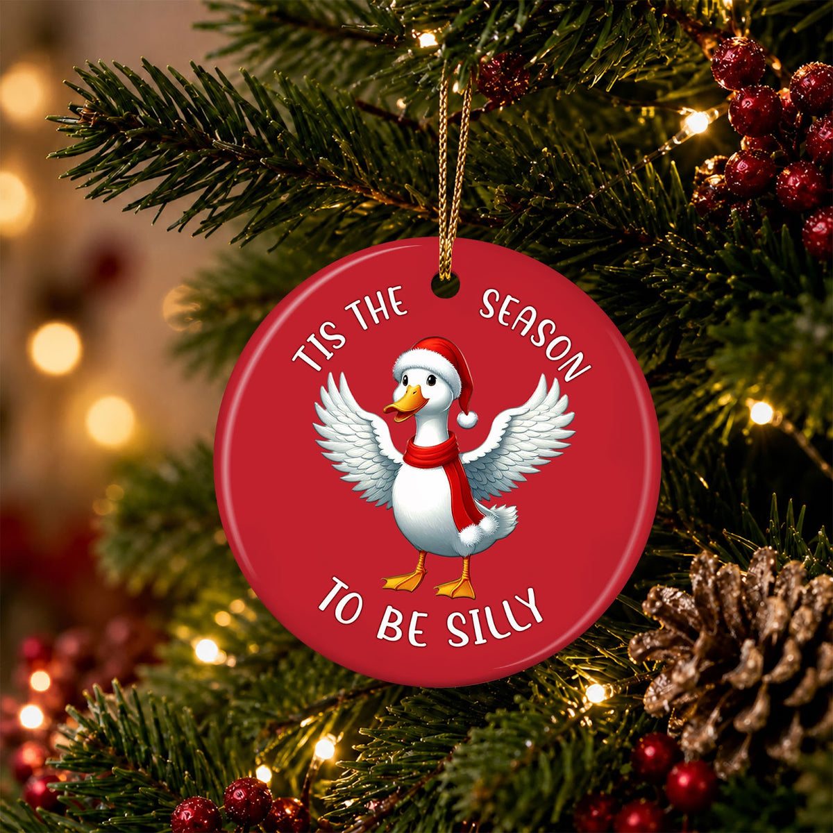 Duck Christmas Ornament, Tis The Season To Be Silly, Ceramic Hanging Tree Decoration