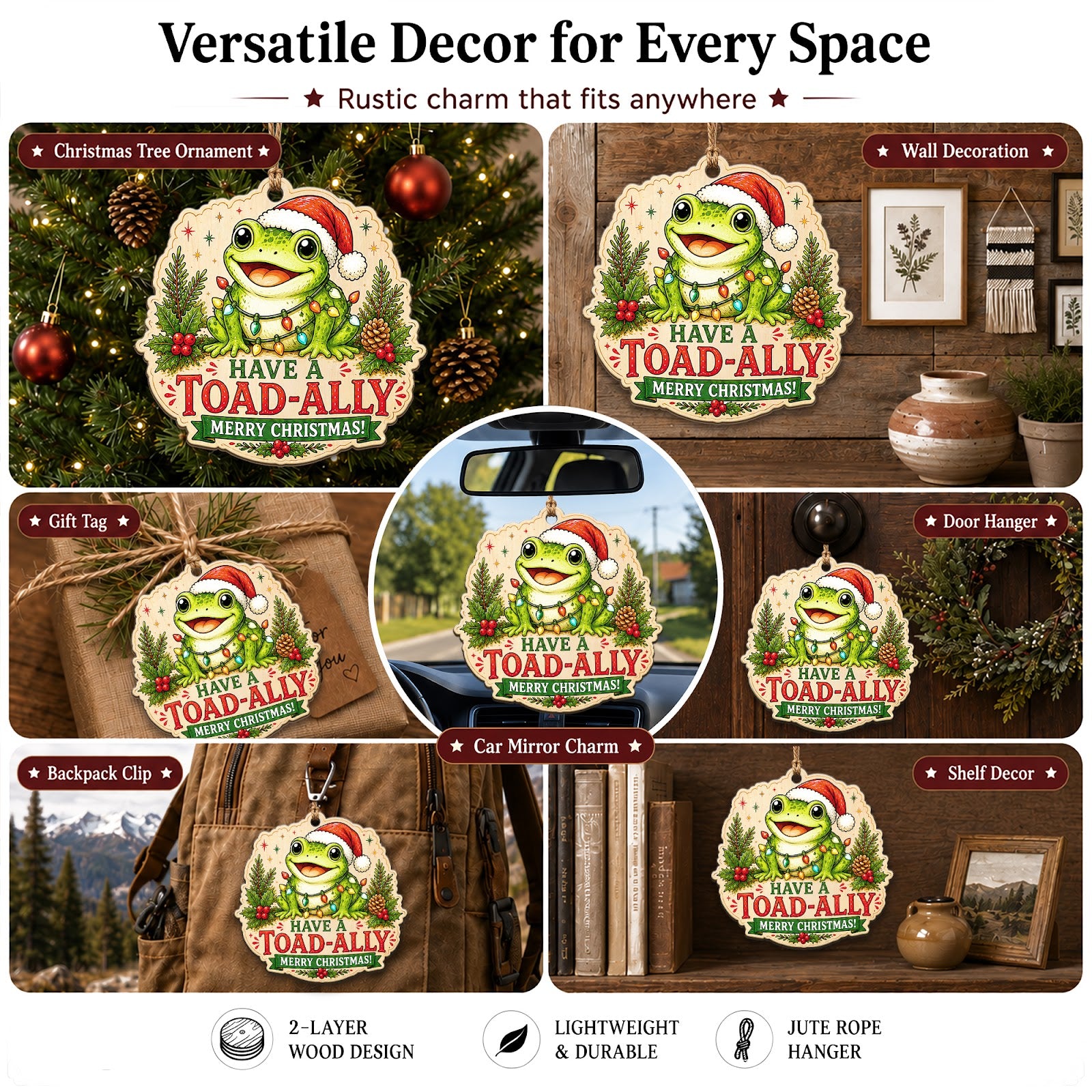 Frog Christmas Ornament, Stocking Stuffer For Frog Fan, Wood Hanging Tree Decoration