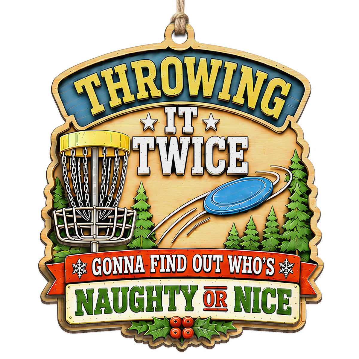 A Chained Basket And Blue Flying Disc Sit Among Pine Trees On A Banner. Great Gift For Disc Golf Fans And Coaches.