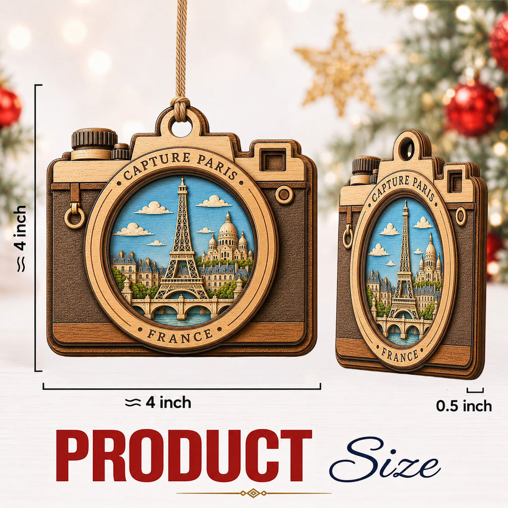 Paris Camera Christmas Ornament, Eiffel Tower Photographer Travel Gift, Wood Tree Decoration