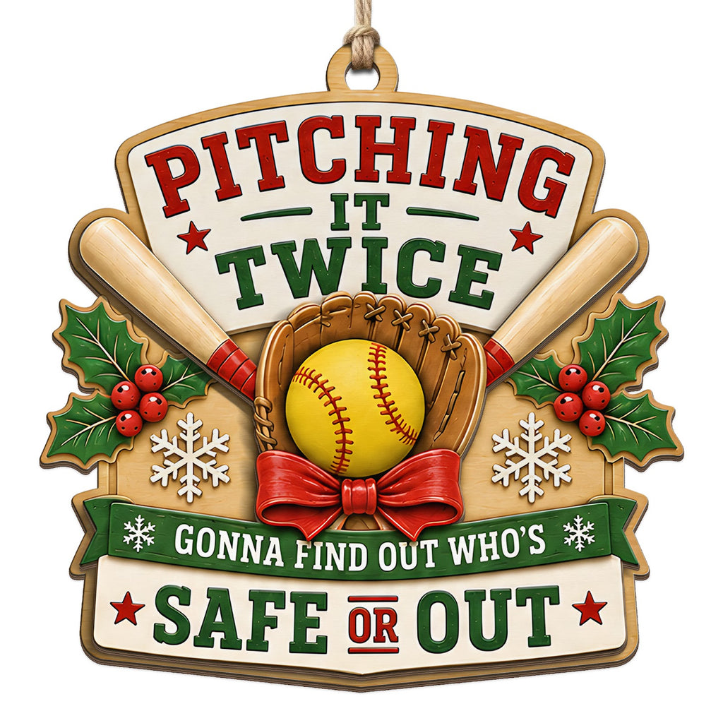 A Ball Rests In A Bow Tied Glove Before Crossed Bats And Holly Berries. Great Gift For Softball Players Coaches And Fans