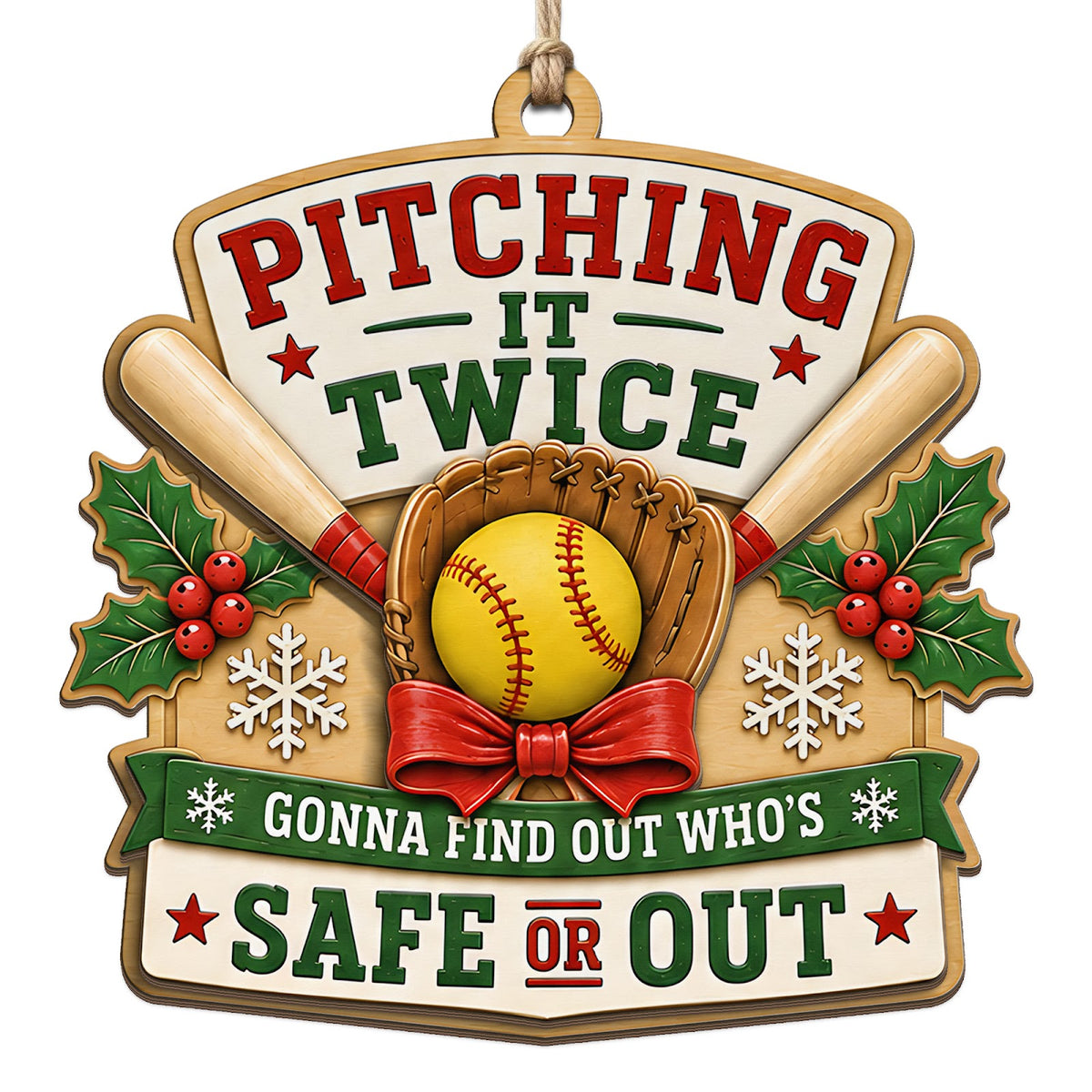 A Ball Rests In A Bow Tied Glove Before Crossed Bats And Holly Berries. Great Gift For Softball Players Coaches And Fans