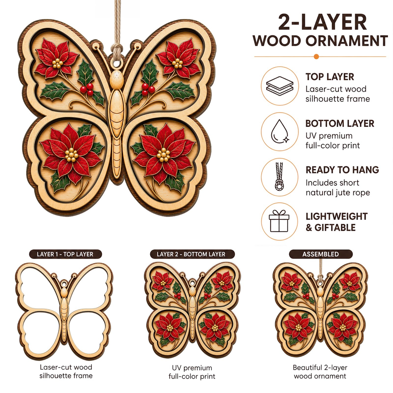Butterfly Christmas Ornament, Stocking Stuffer For Butterfly Lover, Wood Tree Decoration