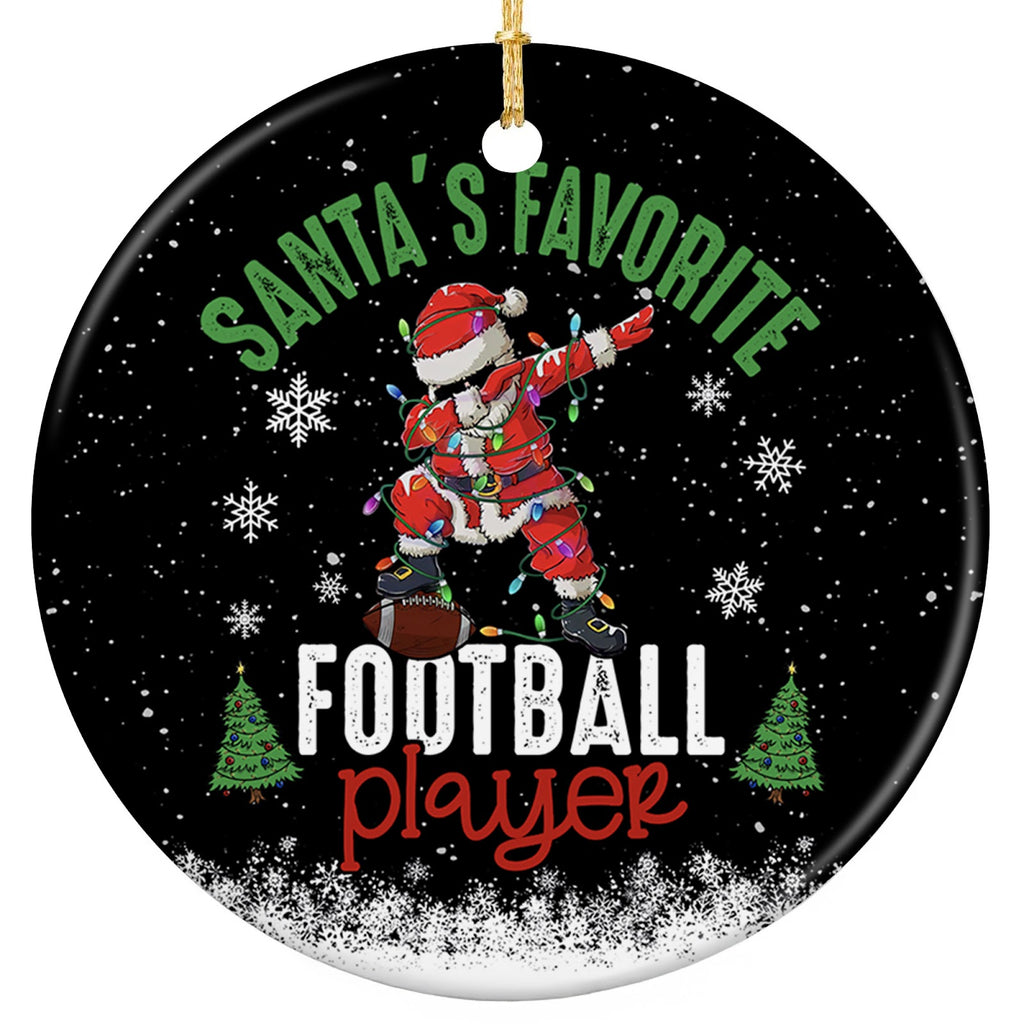 Santa Dabbing in a String of Christmas Lights Beside a Football. Ceramic Keepsake for Youth and School Players.