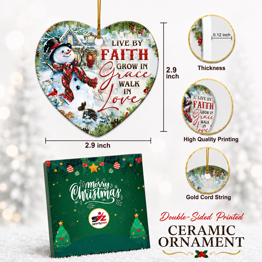 Faith Christmas Ornament, Snowman Live By Faith Gift, Ceramic Hanging Tree Decoration