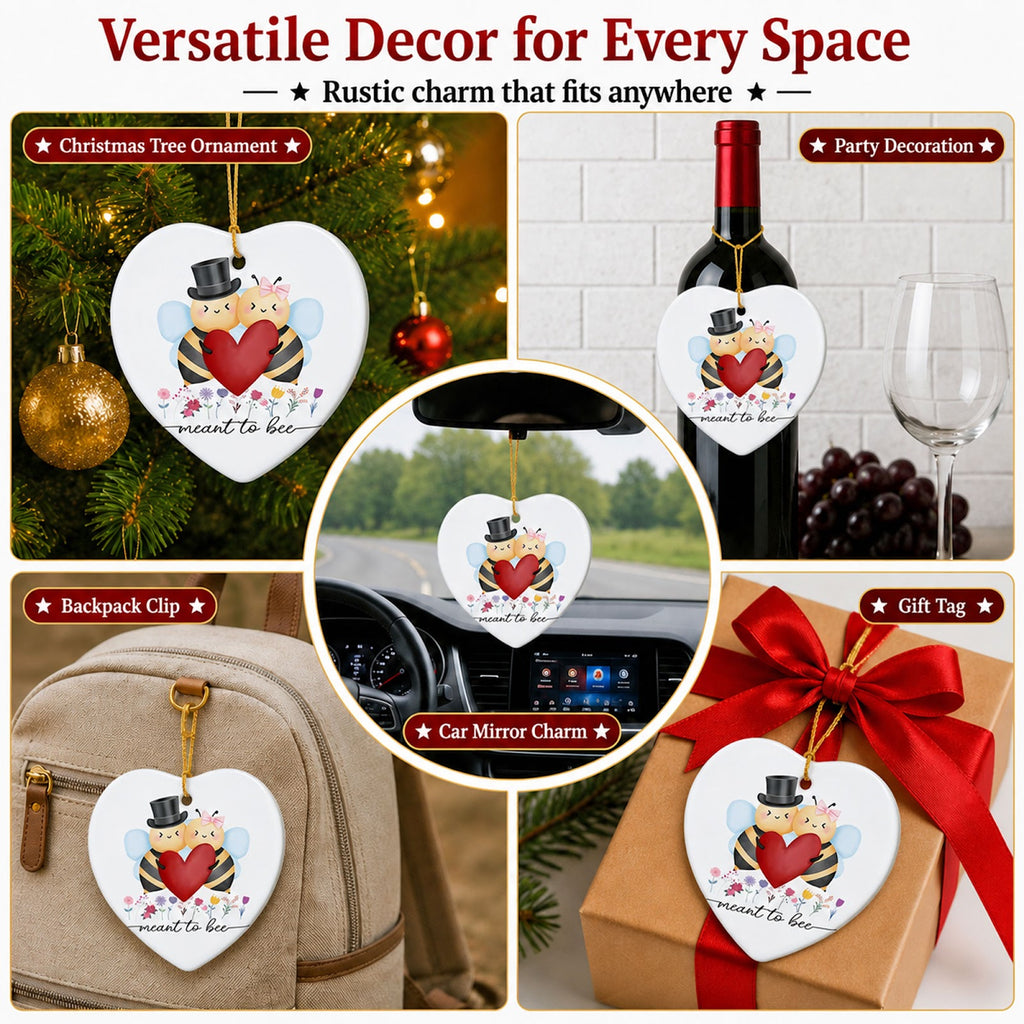 Bee Christmas Ornament, Meant To Bee Couples Heart Gift, Ceramic Hanging Tree Decoration